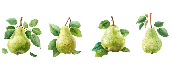 Four green pears with leaves on them, isolated on transparent background