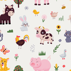 Seamless childish pattern with dog, pig, cow, cat, farm house. Creative kids texture for fabric, wrapping, textile, wallpaper, apparel. Vector illustration