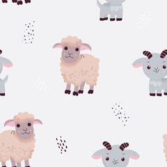 Lamb and sheep seamless pattern. Cute cartoon farm animals background. Design for prints, fabric, textile, wallpaper, wrapping paper. Vector illustration