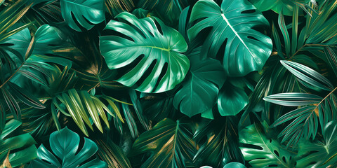 Lush Tropical Foliage Background with Vibrant Green Monstera and Palm Leaves