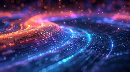 Colorful abstract background with glowing particles and light trails, representing digital technology and futuristic sci-fi design.
