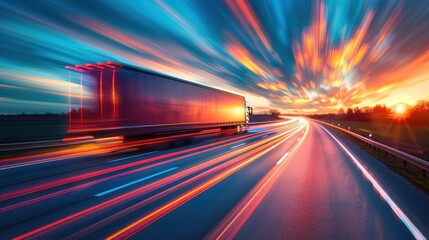 Dynamic image of a truck speeding down the highway at sunset, with vibrant motion blur and streaks of light emphasizing movement.