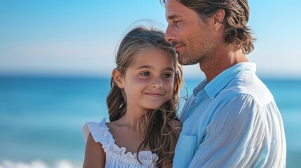 Fototapeta premium Father and daughter sharing a warm embrace at the beach, enjoying a beautiful sunny day by the ocean with clear blue skies.