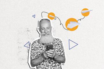 Trend artwork sketch composite 3d photo collage of silhouette paper plane message fly origami aged man hold smartphone type chatting blog