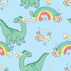 ?ute little Dinosaur background seamless pattern hand drawn summer print for kids fabric Vector Illustration