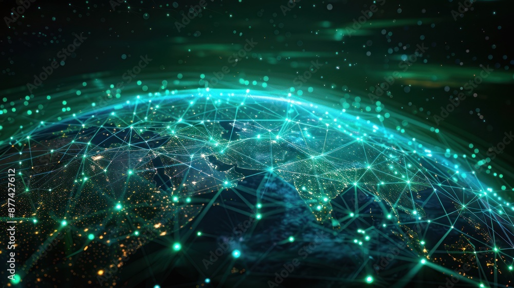 Poster global digital network visualization showing interconnected data points across continents and shinin