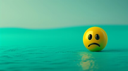 A single yellow sad emoji floating on a smooth gradient of teal to turquoise, with soft shadowing to create depth,