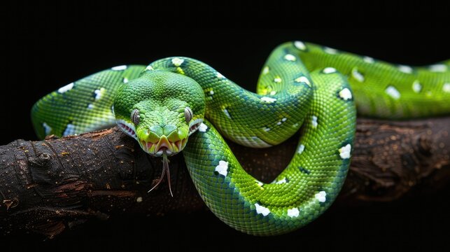 green snake on black background