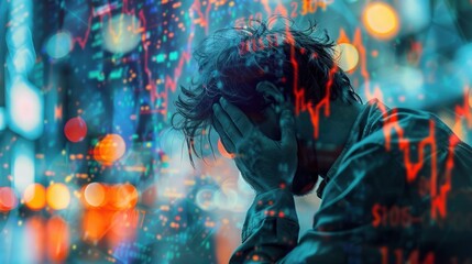 A distressed man holding his head with a stock market decline graph superimposed on him, symbolizing financial stress and economic crisis.