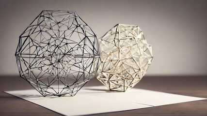 Wireframe of Abstract polygonal geometric shape with mesh net dots lines and connections .  AI generated image, ai