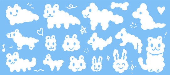 Illustration of white clouds in the shape of animals on light blue background. for baby and child kawaii face