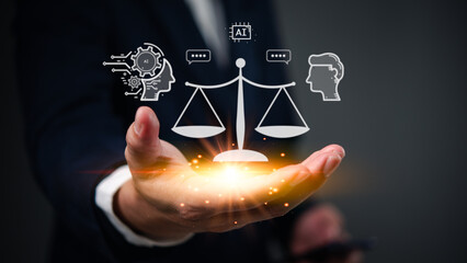 AI justice balance, glowing scales in hand. Symbolizes fairness, ethical technology. Artificial...