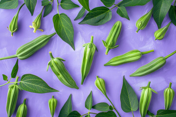 Fresh Okra Pods and Green Leaves on Violet Background   Vibrant Organic Vegetables