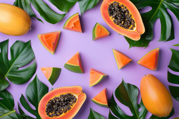 Tropical Papaya and Watermelon Slices with Green Monstera Leaves on Purple Background