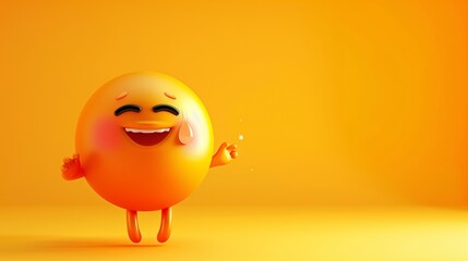 An adorable emoji cartoon character with a happy tear, waving goodbye with a sparkle in its eye on a yellow solid background