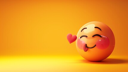 Fototapeta premium An adorable emoji cartoon character with a playful wink, blowing a kiss goodbye on a vibrant yellow solid isolated background