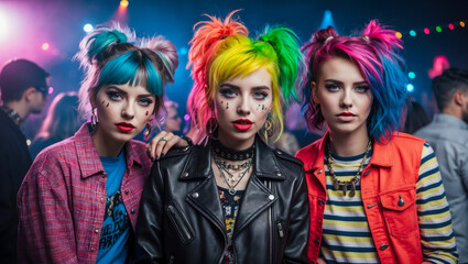 Obraz premium Three young women with vibrant hair colors pose together at a nightclub, the focus on their colorful hair and playful expressions