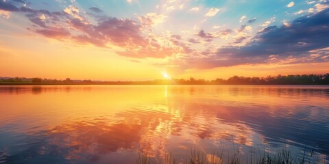 Obraz premium Picturesque Summer Lake Reflection at Sunset - Serene Nature Landscape_ImageForStockSite