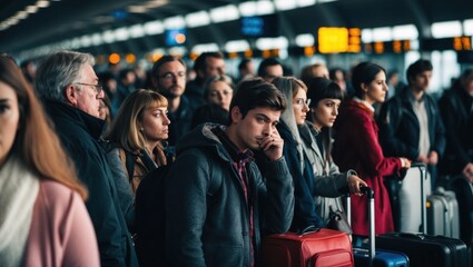 Fototapeta premium A diverse group of travelers stands patiently in a bustling airport departure lounge, each lost in their own thoughts as they wait for their flight