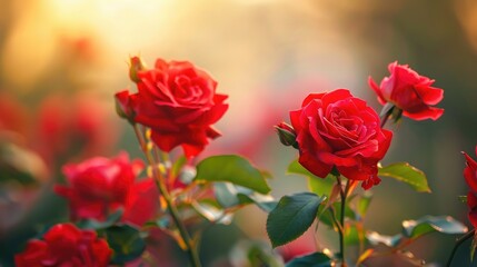 Fototapeta premium Vivid red roses in garden at macro level