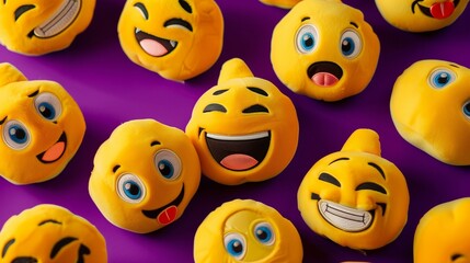 Multiple yellow emoji plush toys scattered randomly on a deep purple background, showing a variety of facial expressions including laughing, winking, and tongue out.