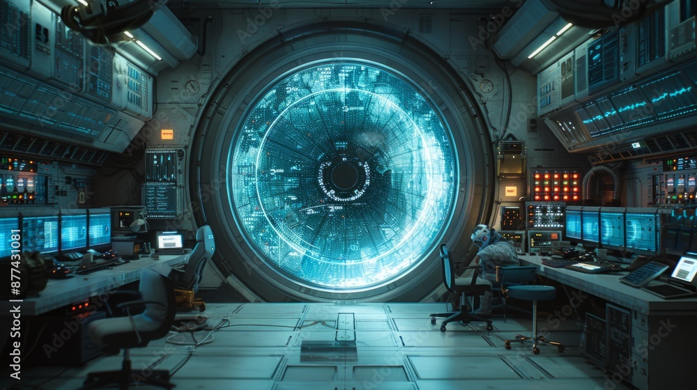 Poster a futuristic spaceship control room with a large circular window, glowing blue, showing an unknown l