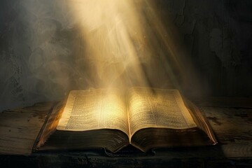 Open antique book receiving light rays from above illuminating its pages, on a wooden surface