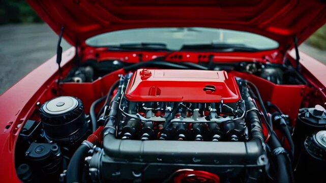 The video is of a red car engine bay with the hood open.
