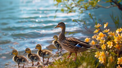 A duck and her babies are standing near the water.