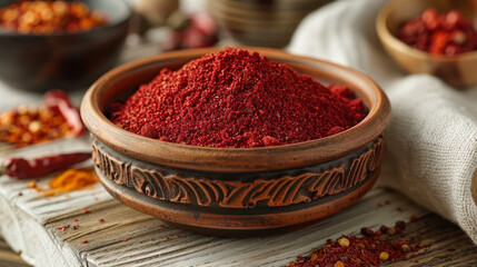 Red pepper powder in rustic brown ceramic bowl and on wooden table. There is linen towel next to clay bowl with paprika. This beautiful still life with spice captures essence of traditional cooking.