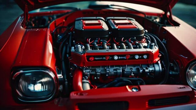 A close up of a red car engine bay with the hood open.