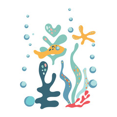 Undersea world. Abstract sea elements underwater on a white background. Sticker with sea turtles, jellyfish and algae. Vector label for wallpaper, cards, design and decoration.