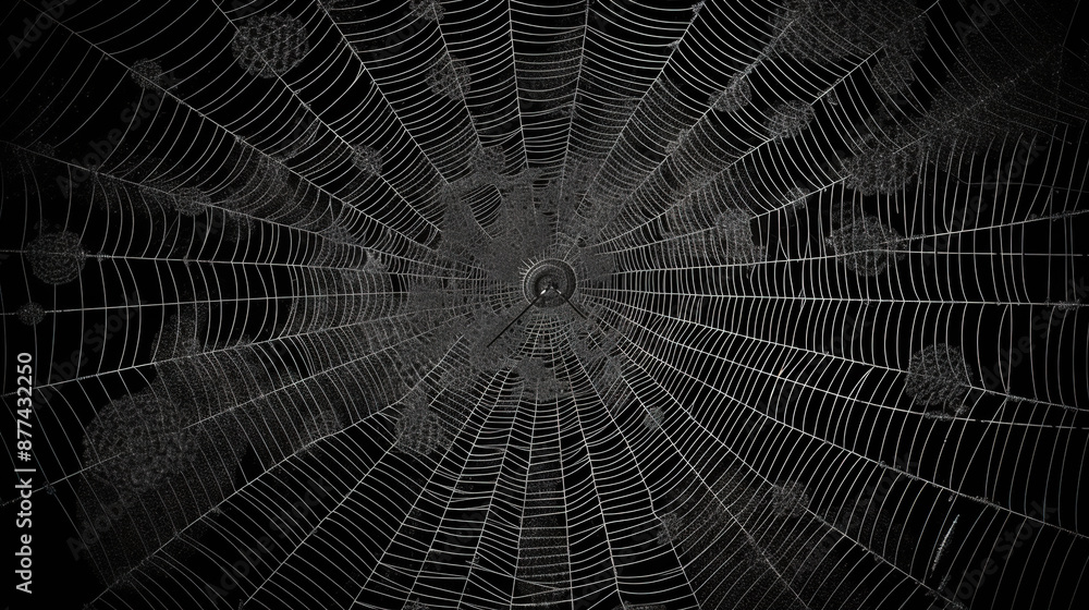 Poster Abstract fractal sipder web on dark background with grungy ornament of broken moody web and particles.