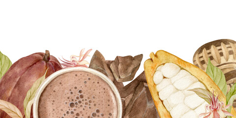 Seamless border of cocoa beans and leaves drawn in watercolor. Isolated on a white background.