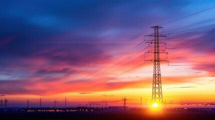 Naklejka premium High voltage power line tower at sunset with colorful sky, symbolizing energy, electricity, and infrastructure in a natural landscape.