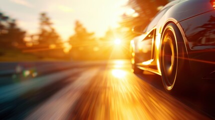 Fototapeta premium High-speed sports car driving on a scenic road during a sunset, capturing motion blur and vibrant colors.