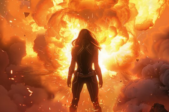 Female Superhero Standing Before Massive Explosion
