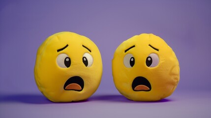 Fototapeta premium Two yellow emoji plush toys with shocked expressions on a solid purple background