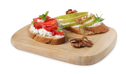 Delicious bruschettas with fresh ricotta (cream cheese), strawberry, mint and pear isolated on white