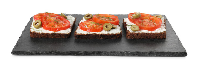 Delicious ricotta bruschettas with sliced tomatoes, olives and greens isolated on white