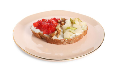 Delicious ricotta bruschetta with pear, strawberry and walnut isolated on white