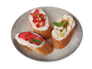 Delicious ricotta bruschettas with pear, strawberry and walnut isolated on white