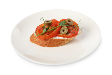 Delicious ricotta bruschetta with sliced tomatoes, olives and greens isolated on white