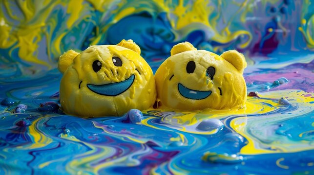 Two yellow emoji plush toys with big grins floating in a pool of vibrant, swirling paint, creating a dynamic and colorful scene