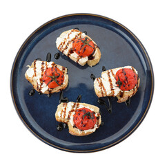 Delicious bruschettas with ricotta cheese, tomatoes and balsamic sauce isolated on white, top view