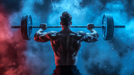 Back of strong muscular man lifting weights barbell for workout with colorful smoke background.
