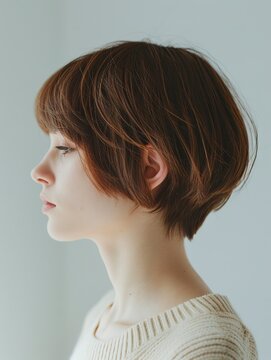 Portrait of a woman from the back with short hair. Beauty salon portrait showing a beautiful Japanese woman's natural short haircut.