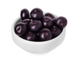 Fresh ripe acai berries in bowl isolated on white