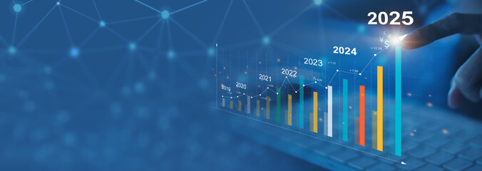 2025 Businesswoman analyzing company financial balance sheet working with digital virtual graphics Businesswoman calculating financial data for long term investment growth goals