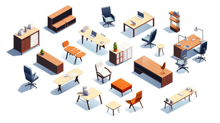 Set of isometric office furniture with desk and chair icons.